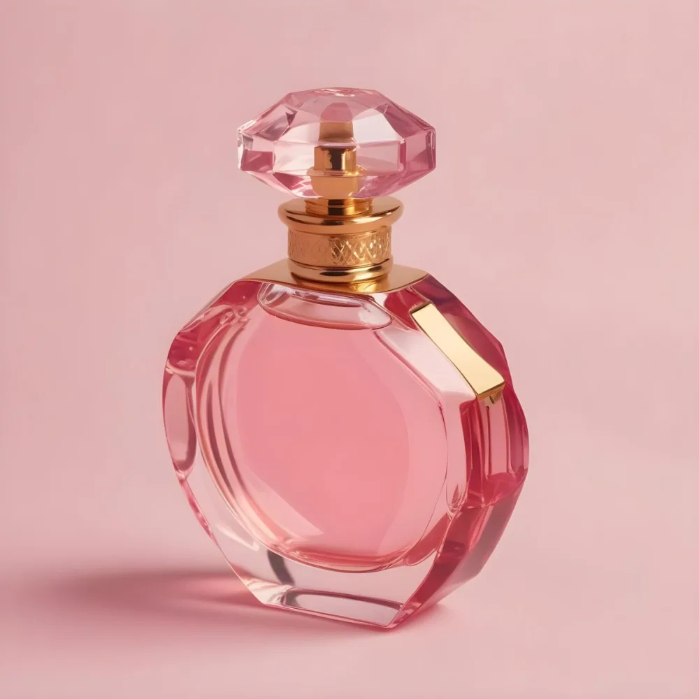 A Pink Glass Perfume Bottle With A Gold Cap Against A Pink Background 29 1908