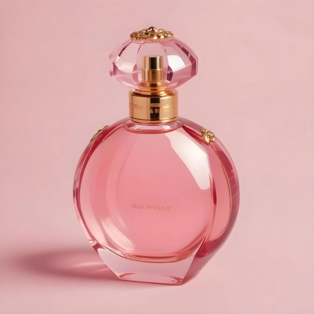 A Pink Glass Perfume Bottle With A Gold Cap Against A Pink Background 31 B32c