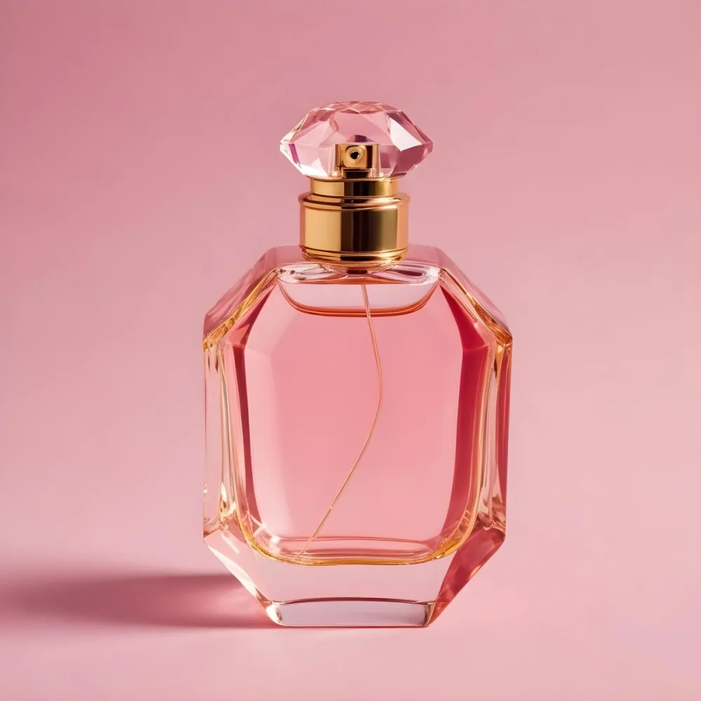A Pink Glass Perfume Bottle With A Gold Cap Against A Pink Background 33 9139