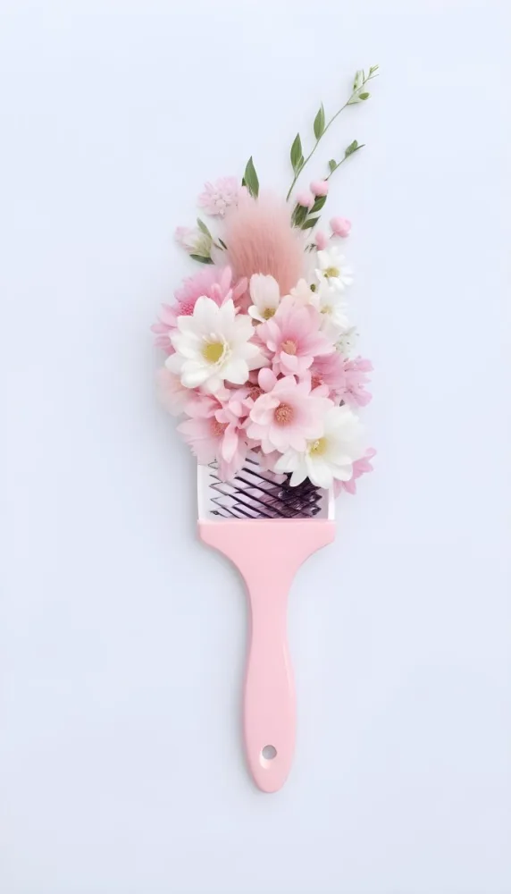 A Pink Hairbrush With Pink And White Flowers Arranged On It Against A White Background 10 A083