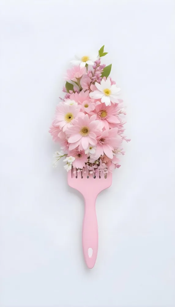 A Pink Hairbrush With Pink And White Flowers Arranged On It Against A White Background 12 C7d3