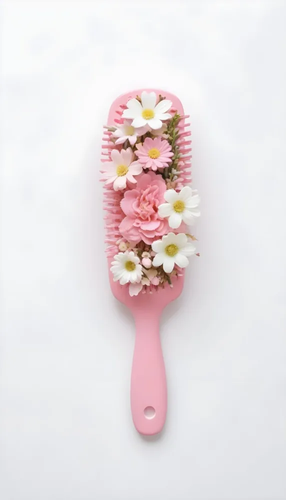 A Pink Hairbrush With Pink And White Flowers Arranged On It Against A White Background 9 726a