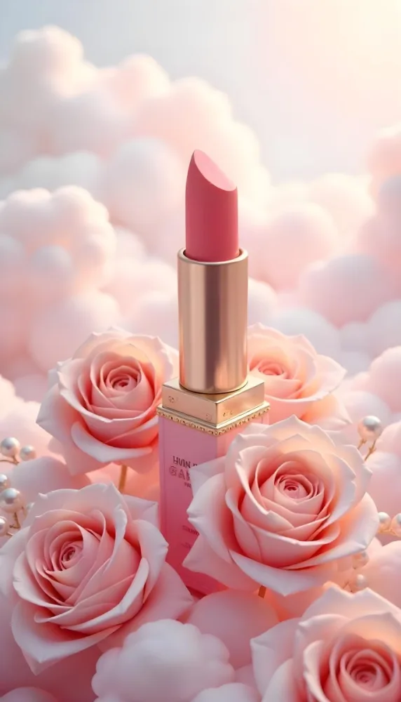 A Pink Lipstick In A Pink Tube Surrounded By Pink Roses And Pearls With A Background Of Pink Clouds 23 8771