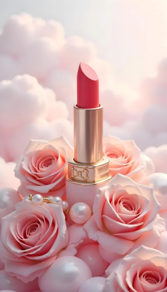 A Pink Lipstick In A Pink Tube Surrounded By Pink Roses And Pearls With A Background Of Pink Clouds 24 D760