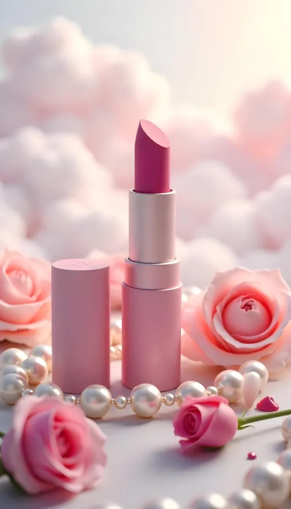 A Pink Lipstick In A Pink Tube Surrounded By Pink Roses And Pearls With A Background Of Pink Clouds 3 6bcf