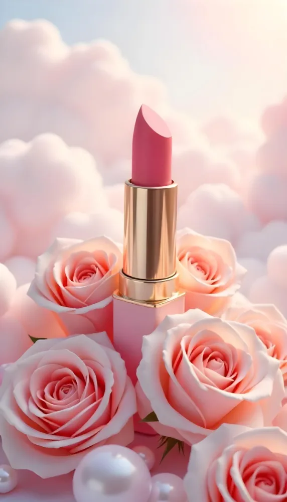 A Pink Lipstick In A Pink Tube Surrounded By Pink Roses And Pearls With A Background Of Pink Clouds 31 0923