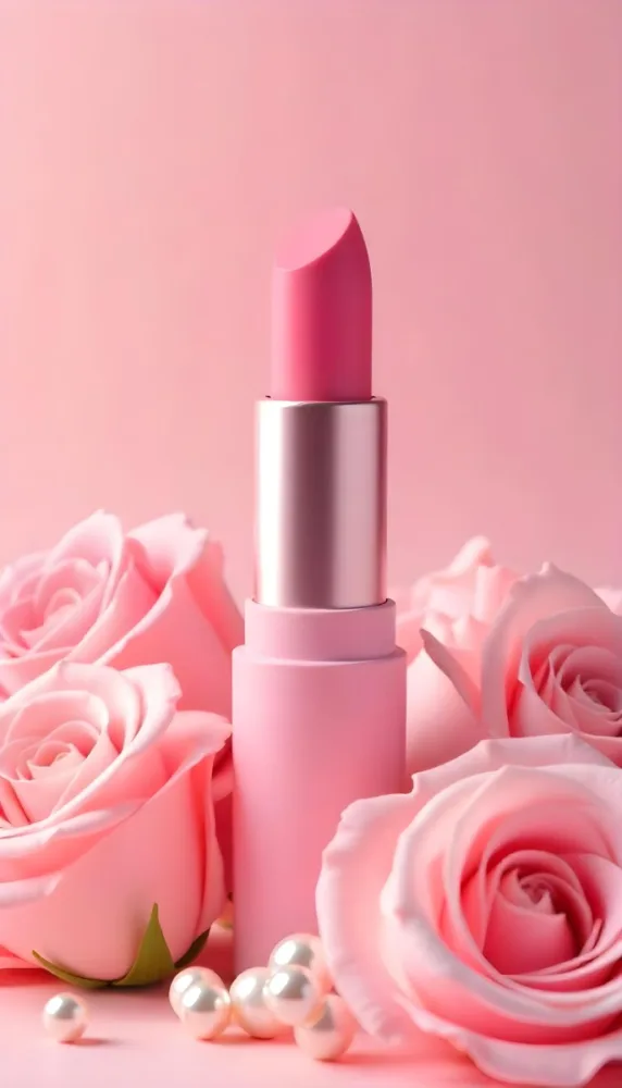 A Pink Lipstick In A Pink Tube Surrounded By Pink Roses And Pearls With A Background Of Pink Clouds 33 Ac22