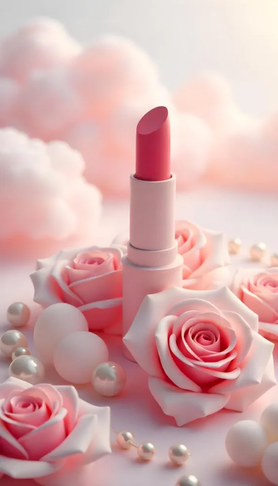 A Pink Lipstick In A Pink Tube Surrounded By Pink Roses And Pearls With A Background Of Pink Clouds 37 3894