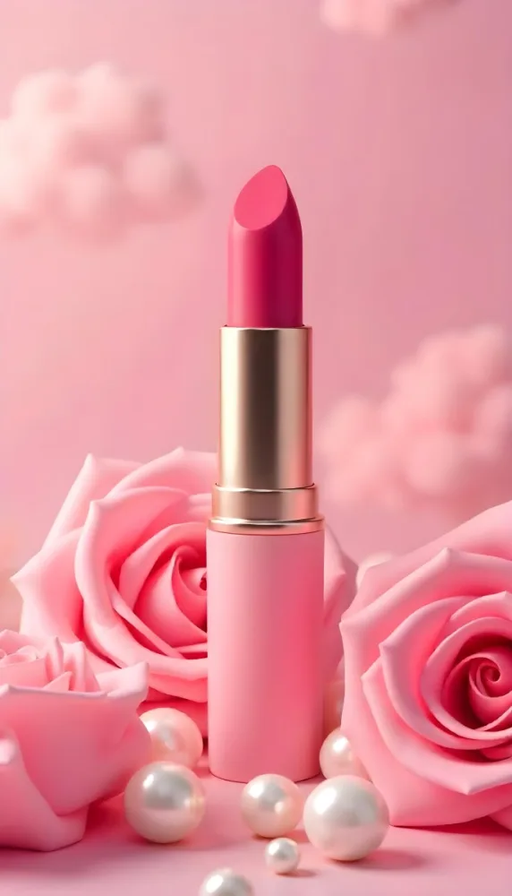 A Pink Lipstick In A Pink Tube Surrounded By Pink Roses And Pearls With A Background Of Pink Clouds 5 B379