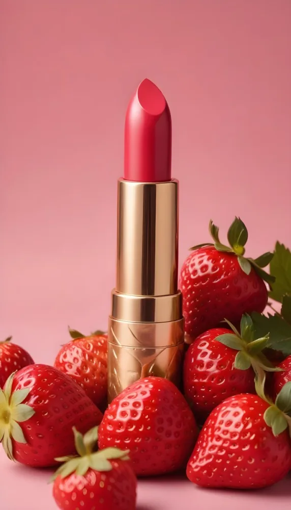 A Pink Lipstick With A Golden Tip Surrounded By Fresh Strawberries With Red Leaves Red Background 15 8868