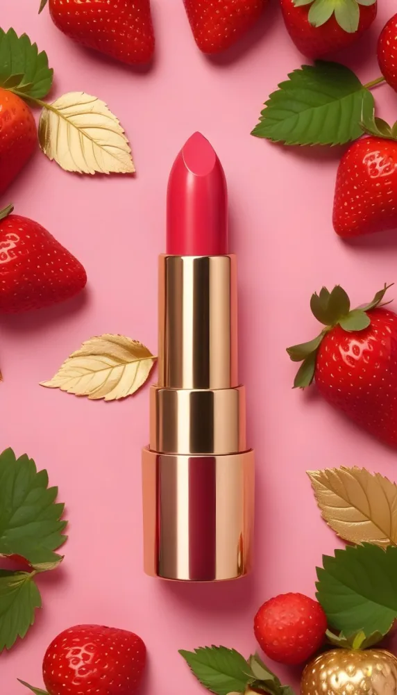 A Pink Lipstick With A Golden Tip Surrounded By Fresh Strawberries With Red Leaves Red Background 2 0528