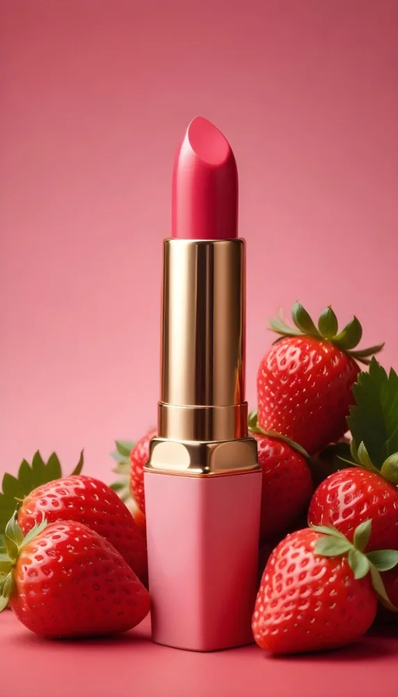A Pink Lipstick With A Golden Tip Surrounded By Fresh Strawberries With Red Leaves Red Background 25 1aeb