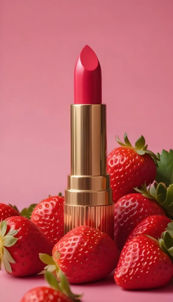 A Pink Lipstick With A Golden Tip Surrounded By Fresh Strawberries With Red Leaves Red Background 25 C443