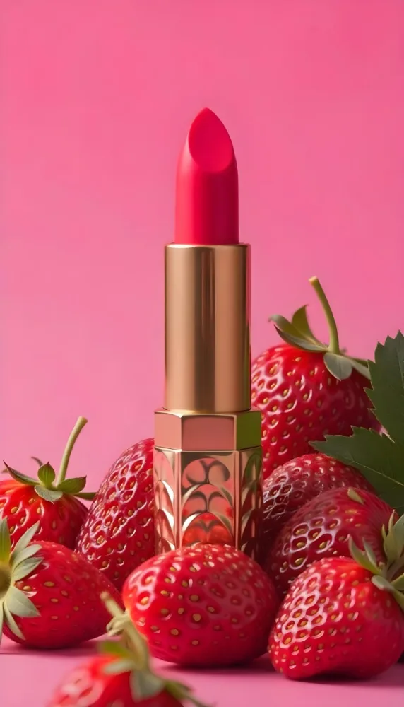 A Pink Lipstick With A Golden Tip Surrounded By Fresh Strawberries With Red Leaves Red Background 26 Da62