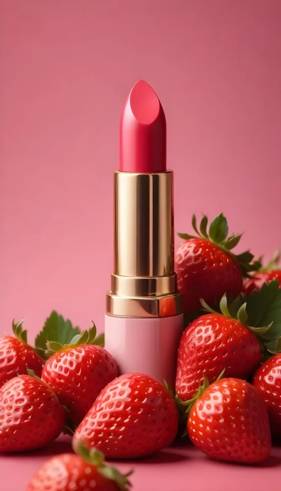 A Pink Lipstick With A Golden Tip Surrounded By Fresh Strawberries With Red Leaves Red Background 28 66f6