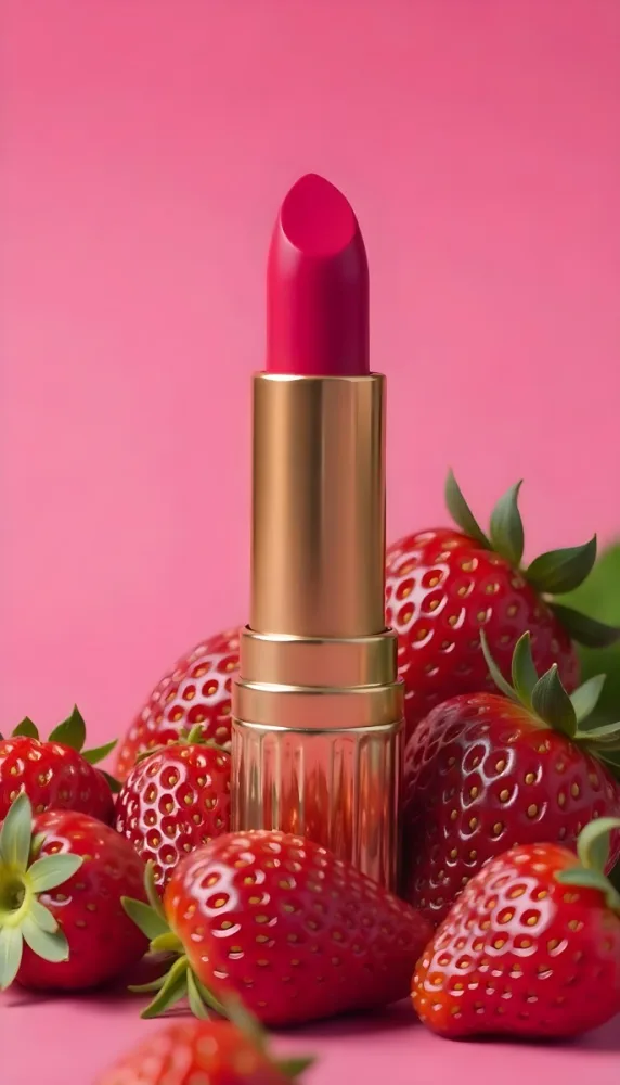 A Pink Lipstick With A Golden Tip Surrounded By Fresh Strawberries With Red Leaves Red Background 36 E1c5