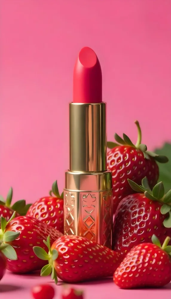A Pink Lipstick With A Golden Tip Surrounded By Fresh Strawberries With Red Leaves Red Background 40 7940