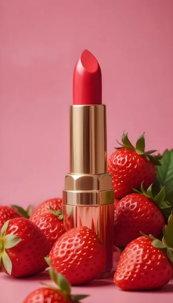 A Pink Lipstick With A Golden Tip Surrounded By Fresh Strawberries With Red Leaves Red Background 51 2f72
