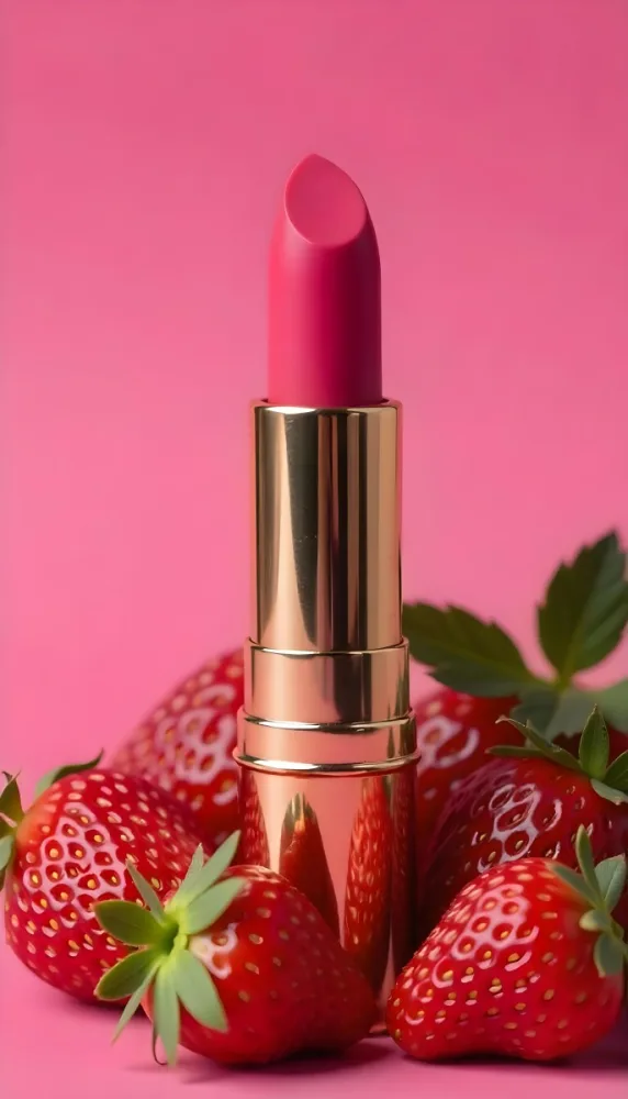 A Pink Lipstick With A Golden Tip Surrounded By Fresh Strawberries With Red Leaves Red Background 54 Bc54