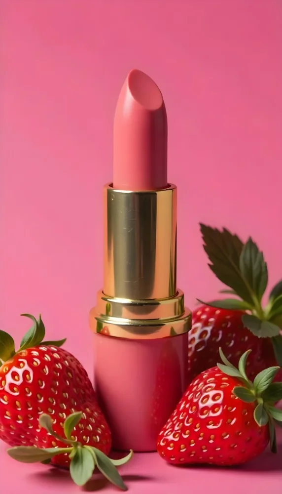 A Pink Lipstick With A Golden Tip Surrounded By Fresh Strawberries With Red Leaves Red Background 69 8e79