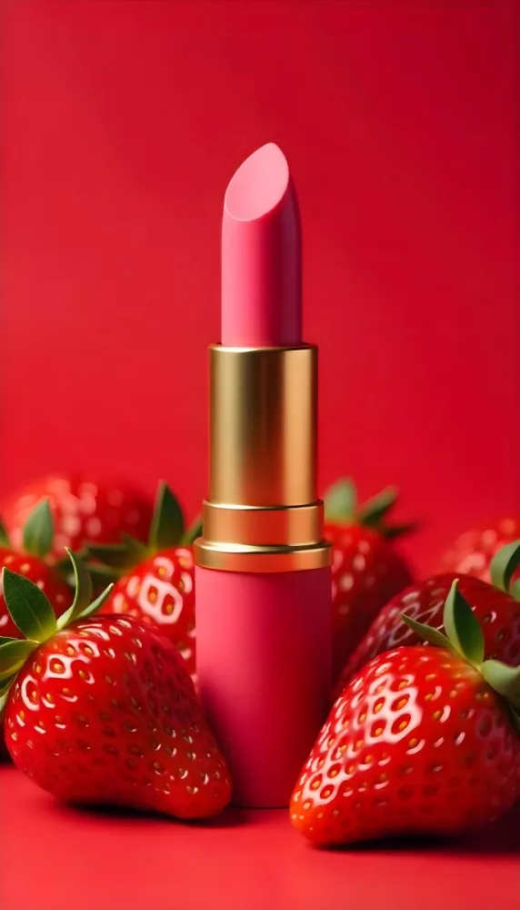 A Pink Lipstick With A Golden Tip Surrounded By Fresh Strawberries With Red Leaves Red Background 80 3a52