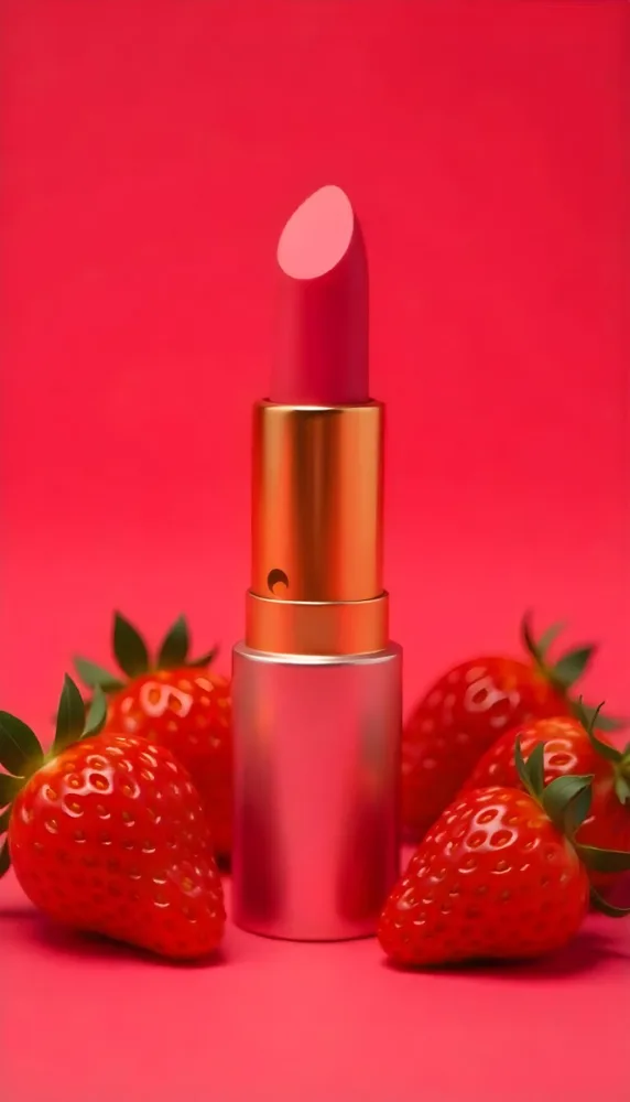 A Pink Lipstick With A Golden Tip Surrounded By Fresh Strawberries With Red Leaves Red Background 84 E470