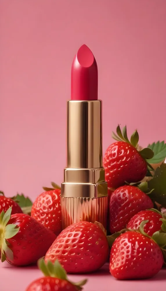 A Pink Lipstick With A Golden Tip Surrounded By Fresh Strawberries With Red Leaves Red Background 86 5e65