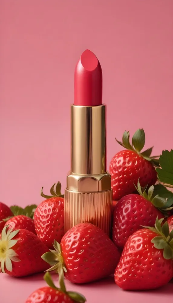 A Pink Lipstick With A Golden Tip Surrounded By Fresh Strawberries With Red Leaves Red Background 88 A6e6