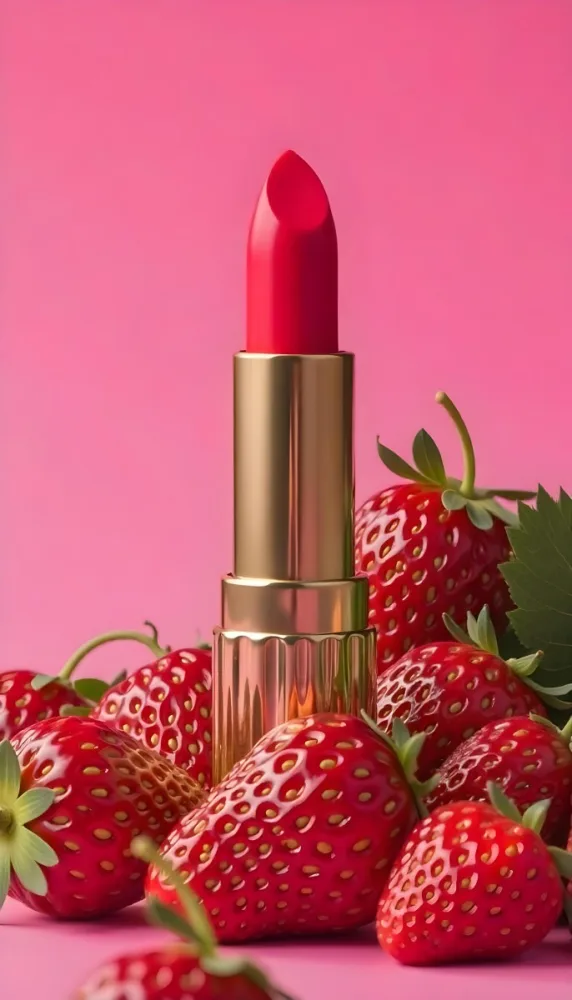 A Pink Lipstick With A Golden Tip Surrounded By Fresh Strawberries With Red Leaves Red Background 89 2c58