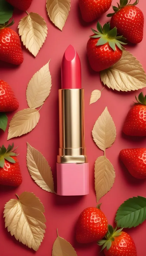 A Pink Lipstick With A Golden Tip Surrounded By Fresh Strawberries With Red Leaves Red Background 9 2318