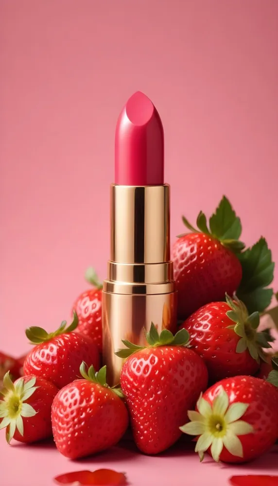 A Pink Lipstick With A Golden Tip Surrounded By Fresh Strawberries With Red Leaves Red Background 90 E938
