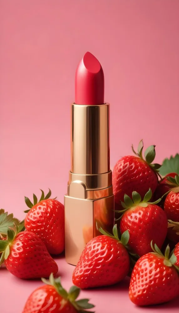 A Pink Lipstick With A Golden Tip Surrounded By Fresh Strawberries With Red Leaves Red Background 93 1a12