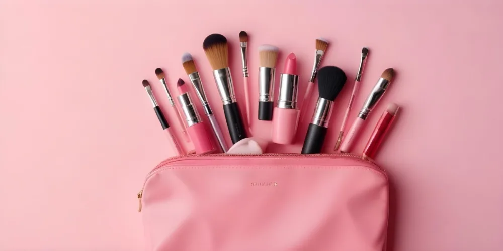 A Pink Makeup Bag With Makeup Brushes Lipstick Nail Polish And Other Beauty Products On A Pink Background 12 28c5