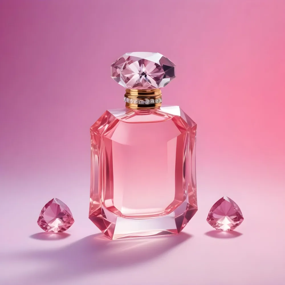 A Pink Perfume Bottle With A Diamond Cap Accompanied By Three Pink Gems Set Against A Gradient Pink Background 10 Ed20
