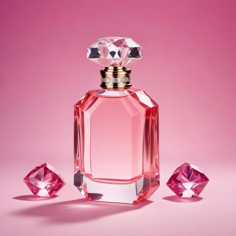 A Pink Perfume Bottle With A Diamond Cap Accompanied By Three Pink Gems Set Against A Gradient Pink Background 31 E5cc
