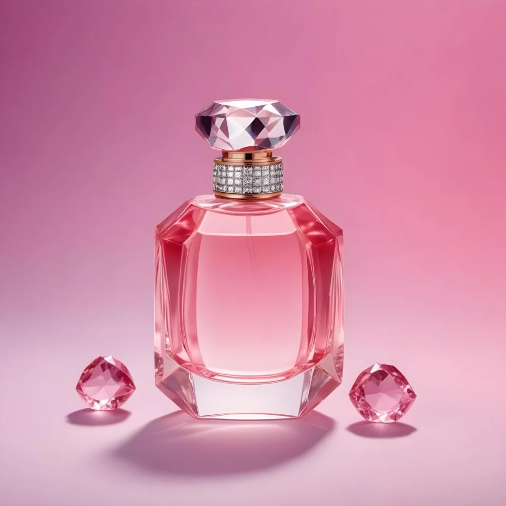 A Pink Perfume Bottle With A Diamond Cap Accompanied By Three Pink Gems Set Against A Gradient Pink Background 37 8bde
