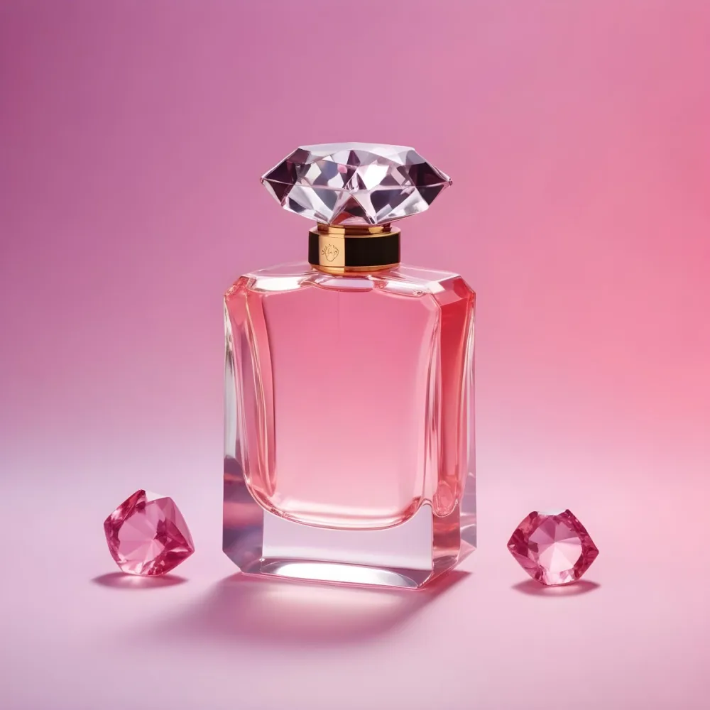 A Pink Perfume Bottle With A Diamond Cap Accompanied By Three Pink Gems Set Against A Gradient Pink Background 4 4778