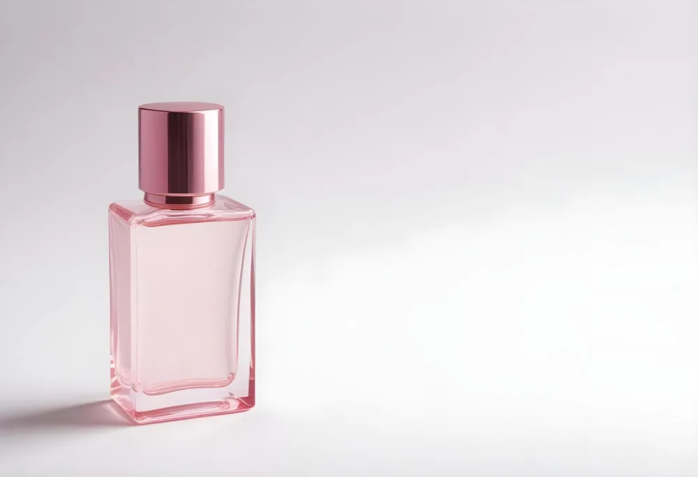 A Pink Perfume Bottle With A Metallic Pink Cap Simple Square Design On A White Background Minimalist Aesthetic Soft Lighting Product Photography 13 6036