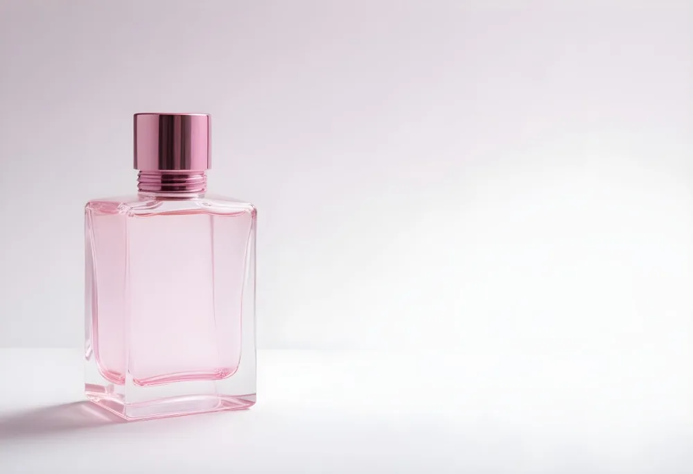 A Pink Perfume Bottle With A Metallic Pink Cap Simple Square Design On A White Background Minimalist Aesthetic Soft Lighting Product Photography 18 6ef3