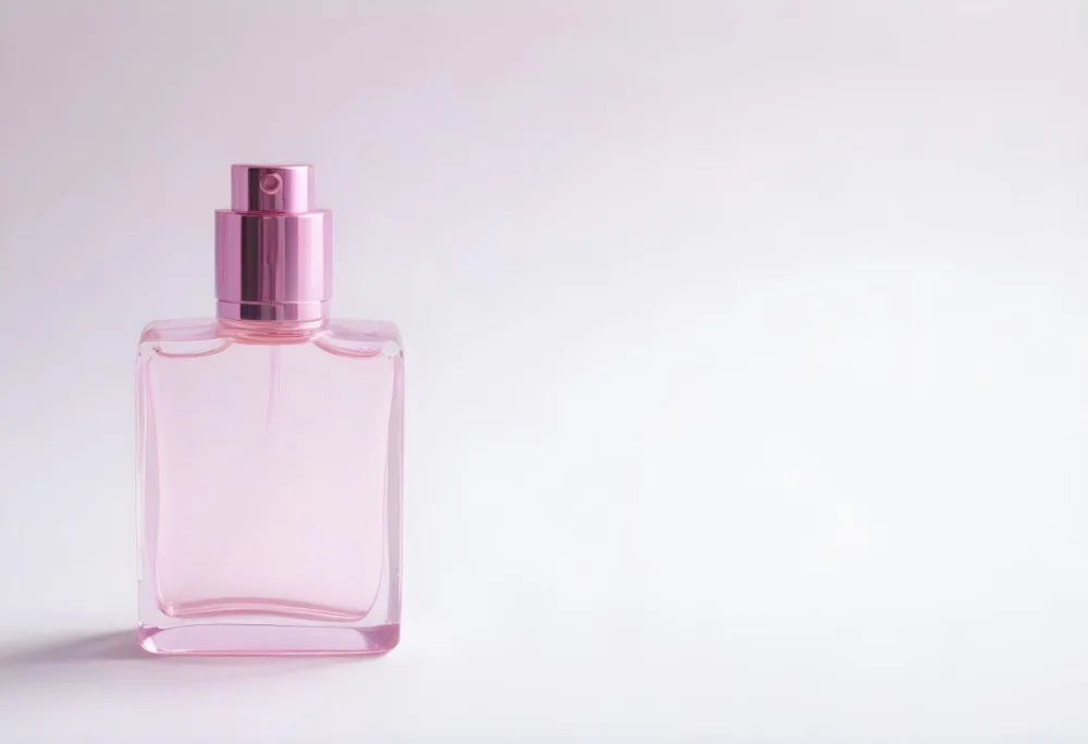A Pink Perfume Bottle With A Metallic Pink Cap Simple Square Design On A White Background Minimalist Aesthetic Soft Lighting Product Photography 20 Eb5c