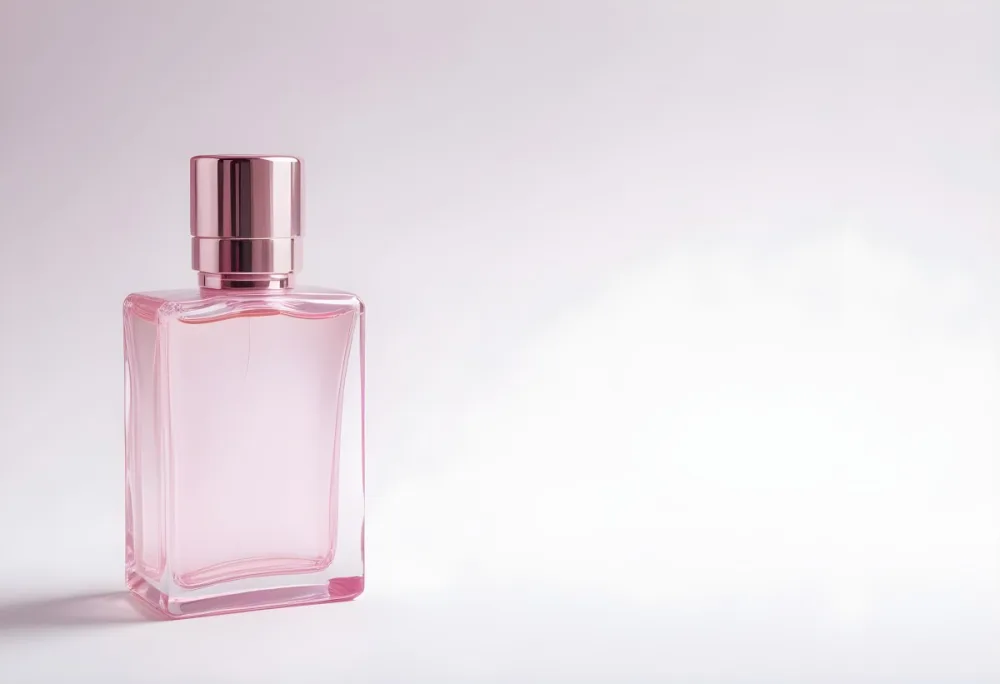 A Pink Perfume Bottle With A Metallic Pink Cap Simple Square Design On A White Background Minimalist Aesthetic Soft Lighting Product Photography 21 A8d3