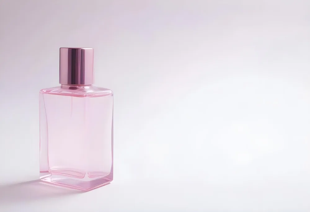 A Pink Perfume Bottle With A Metallic Pink Cap Simple Square Design On A White Background Minimalist Aesthetic Soft Lighting Product Photography 22 50a3