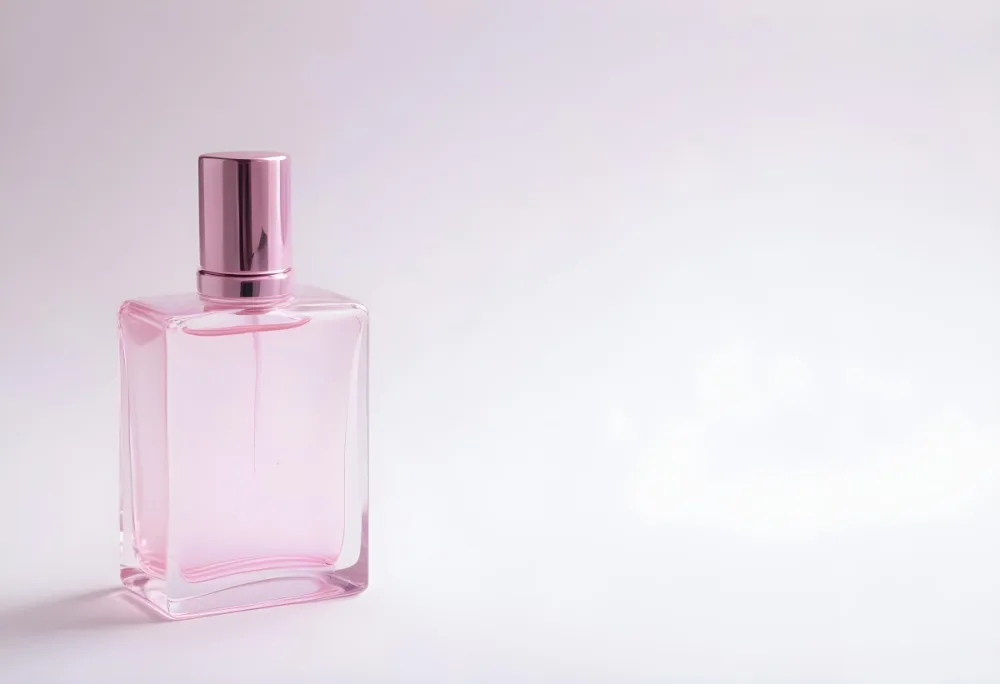A Pink Perfume Bottle With A Metallic Pink Cap Simple Square Design On A White Background Minimalist Aesthetic Soft Lighting Product Photography 23 1bc0