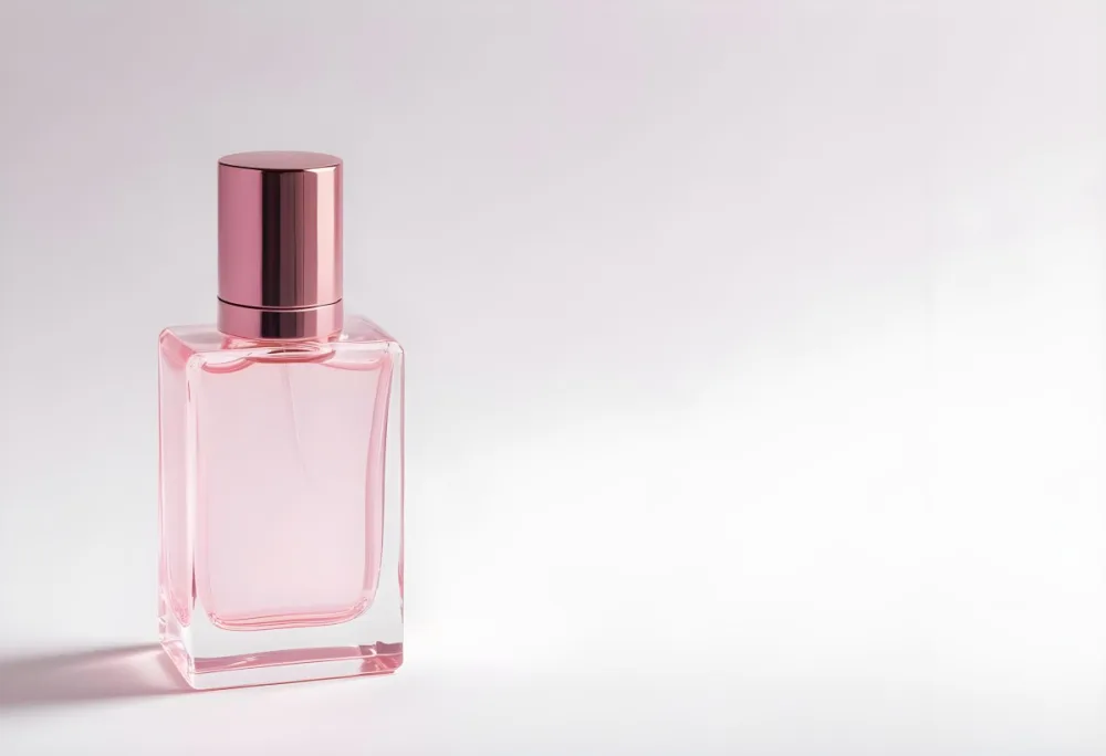 A Pink Perfume Bottle With A Metallic Pink Cap Simple Square Design On A White Background Minimalist Aesthetic Soft Lighting Product Photography 3 B762