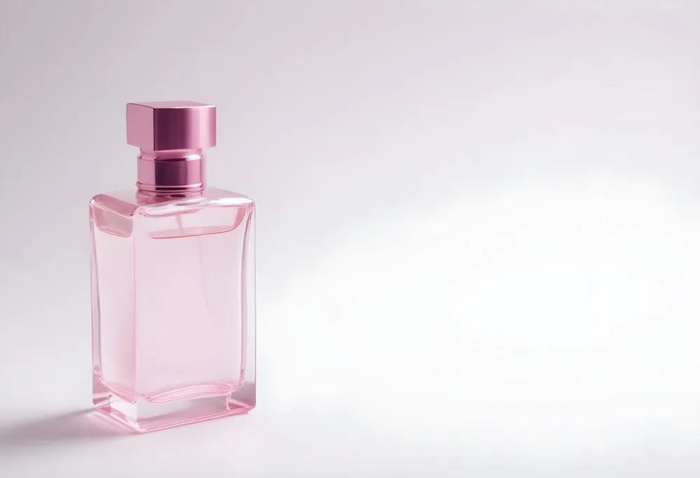 A Pink Perfume Bottle With A Metallic Pink Cap Simple Square Design On A White Background Minimalist Aesthetic Soft Lighting Product Photography 30 96be