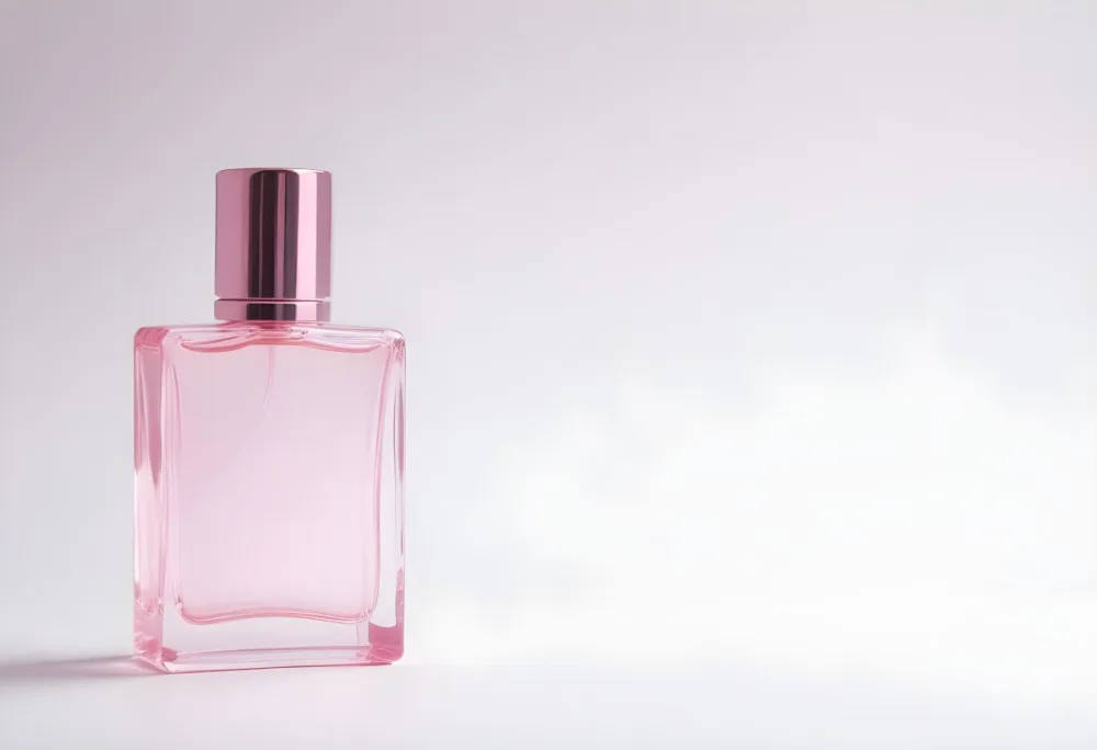 A Pink Perfume Bottle With A Metallic Pink Cap Simple Square Design On A White Background Minimalist Aesthetic Soft Lighting Product Photography 32 31cb