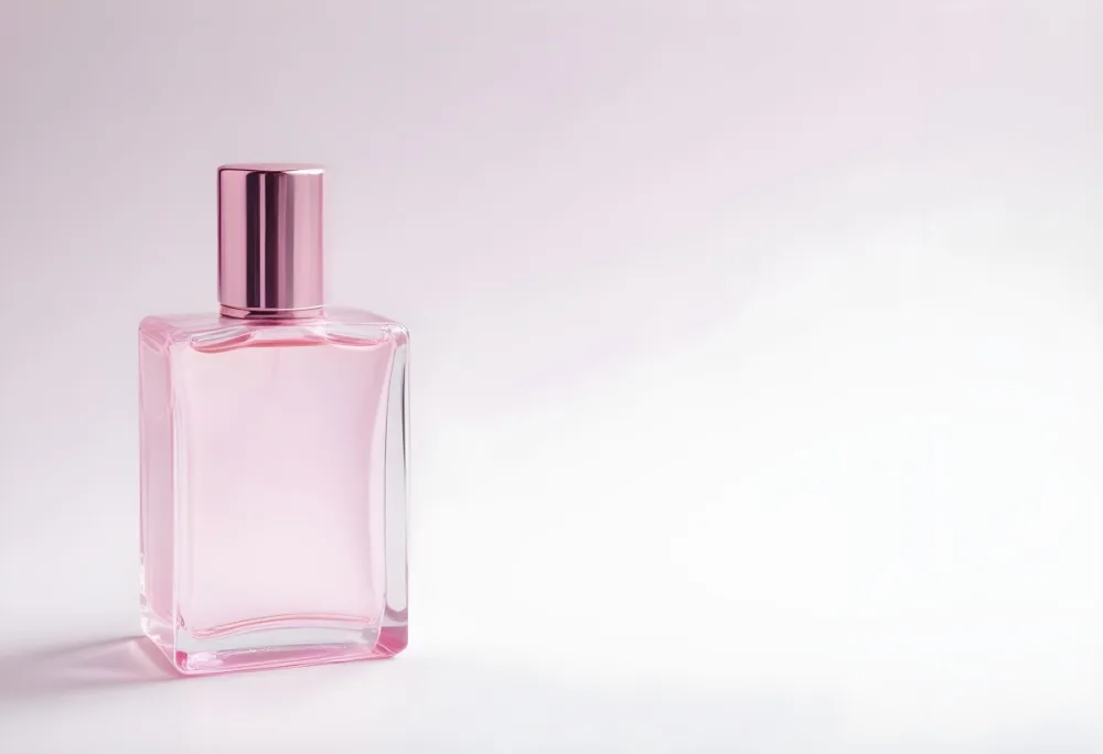 A Pink Perfume Bottle With A Metallic Pink Cap Simple Square Design On A White Background Minimalist Aesthetic Soft Lighting Product Photography 33 Dcac