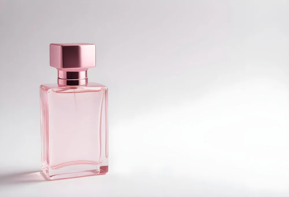 A Pink Perfume Bottle With A Metallic Pink Cap Simple Square Design On A White Background Minimalist Aesthetic Soft Lighting Product Photography 35 5c8e