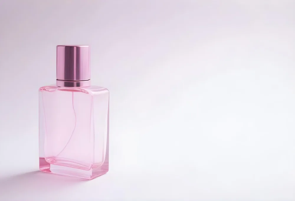 A Pink Perfume Bottle With A Metallic Pink Cap Simple Square Design On A White Background Minimalist Aesthetic Soft Lighting Product Photography 36 16ab
