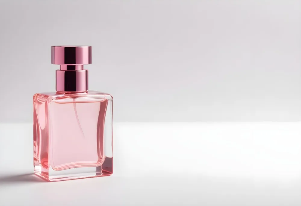 A Pink Perfume Bottle With A Metallic Pink Cap Simple Square Design On A White Background Minimalist Aesthetic Soft Lighting Product Photography 4 640e